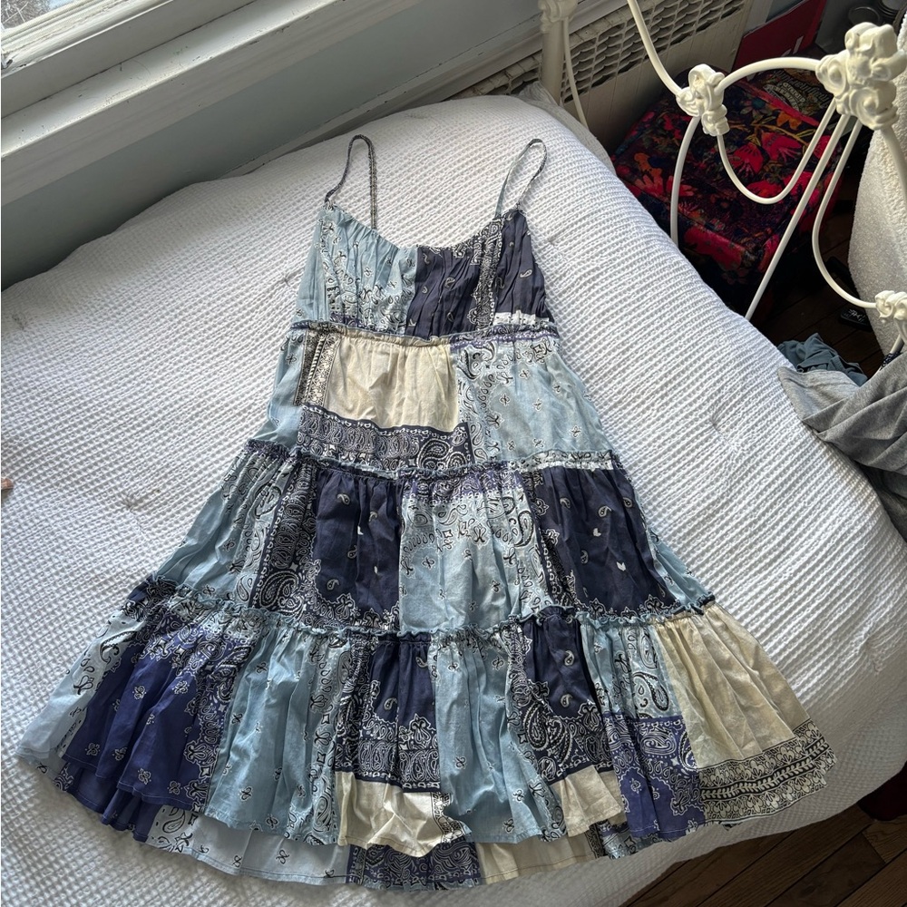 Bohemian Patchwork Dress in Blue and Cream